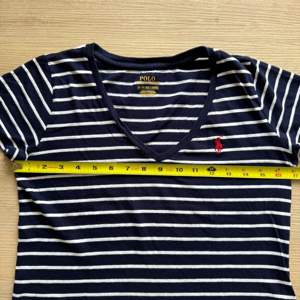 Polo Ralph Lauren Striped Navy and White Short Sleeve V- Neck Tee Red Pony Logo - Picture 3 of 7